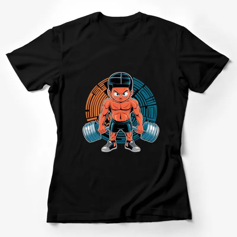 Cartoon Strong Boy Lifting Weights Graphic T-Shirt, Fitness Inspired Kids Tee, Funky Workout Apparel Female T-Shirt