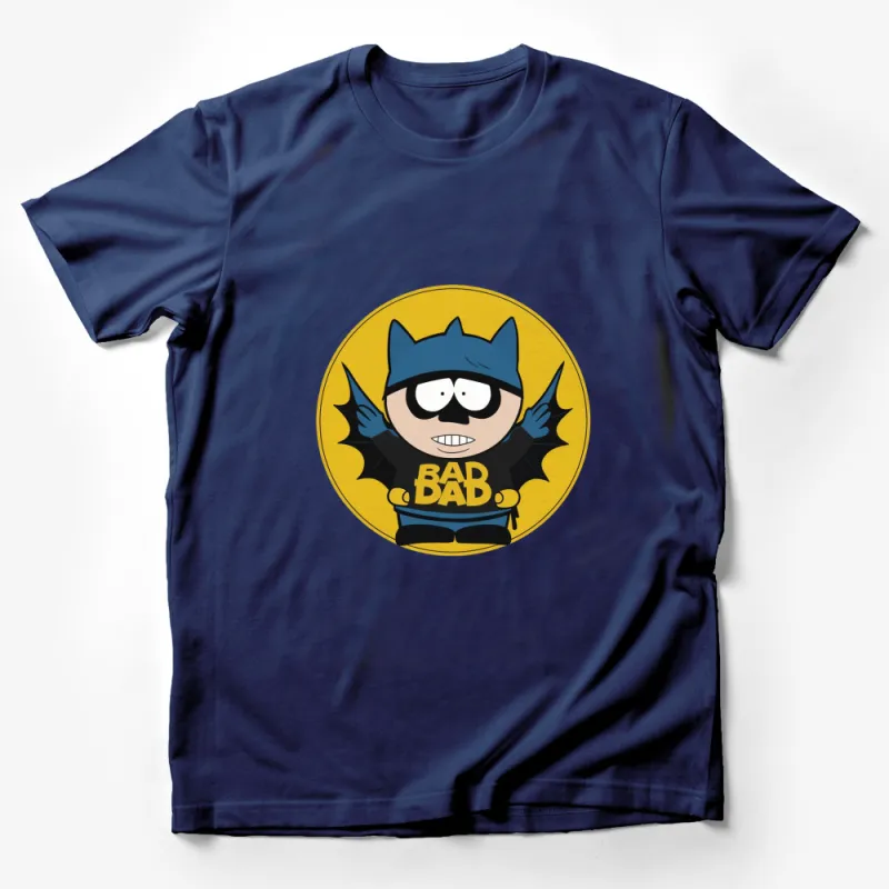 Funny Superhero Parody T-Shirt, Cartoon Bat Character, Bad Dad, Yellow Tee, Unique Gift for Dads Male T-Shirt