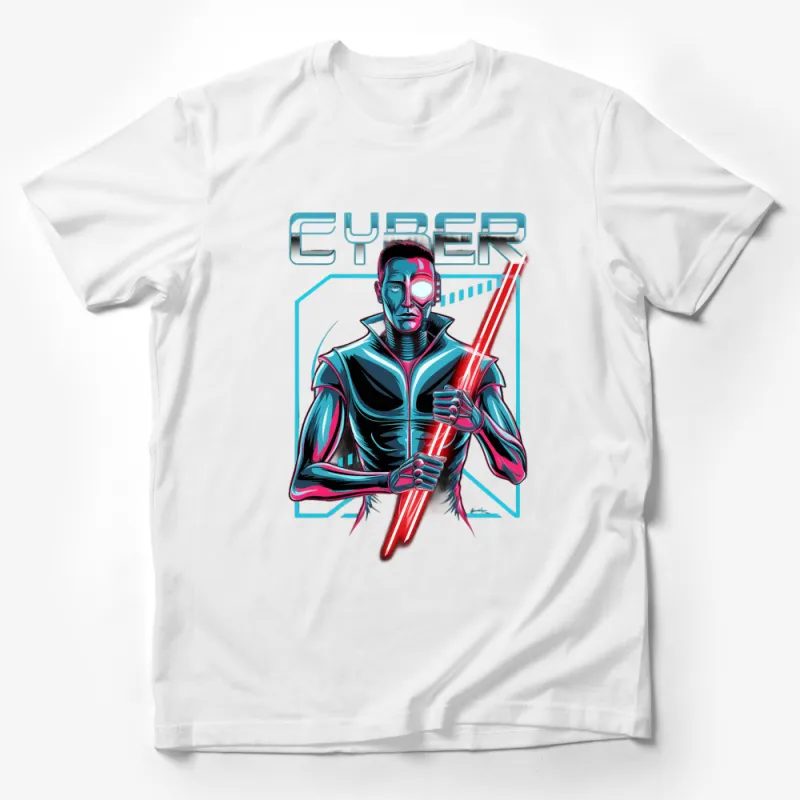 Cyber Warrior Neon Graphic T-Shirt, Futuristic Robot Design Tee, Sci-Fi Fashion Top, Unisex Male T-Shirt