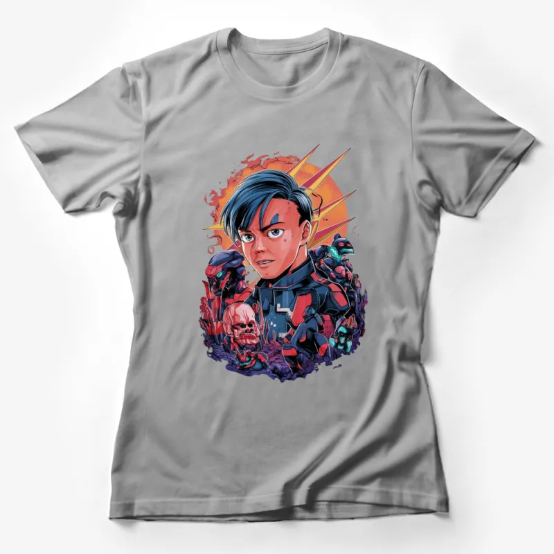 Anime Inspired Futuristic Warrior Graphic T-Shirt, Cool Sci-Fi Hero Tee, Vibrant Comic Art Shirt Design Female T-Shirt