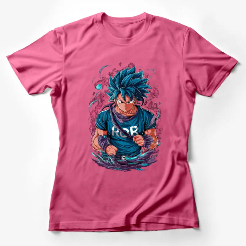 Anime Inspired Blue Saiyan Character Graphic T-Shirt, Cool Vibrant Warrior Tee, Gift for Anime Fans Female T-Shirt