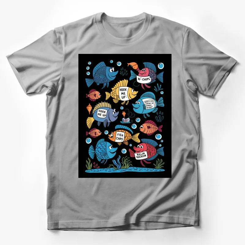 Colorful Fish Cartoon T-Shirt, Fun Sea Life Graphic Tee, Hook Me Up Fish N' Chips Shirt Male T-Shirt