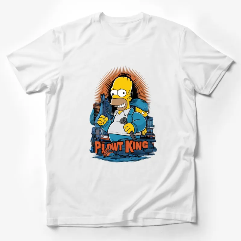 Homer Simpson Plow King Graphic T-Shirt, Funny Cartoon Character Tee, Vintage Style Shirt, Cool Yellow Design Top Male T-Shirt