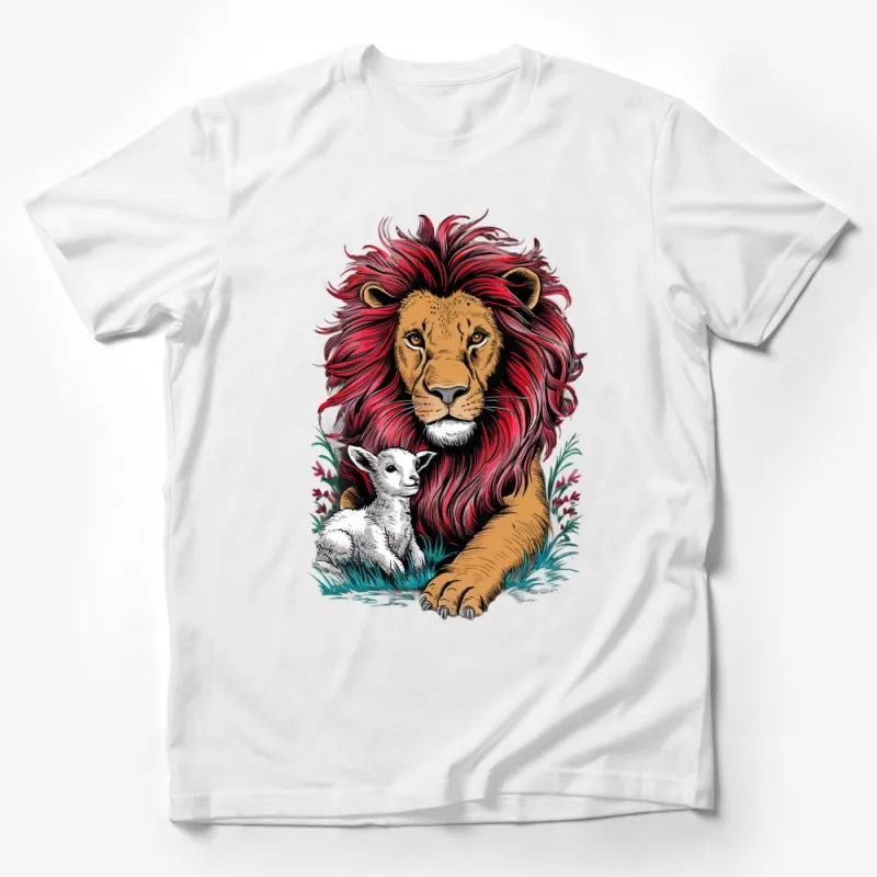 Lion and Lamb Peaceful Harmony T-Shirt, Colorful Wildlife Graphic Tee, Unique Animal Art Shirt Male T-Shirt