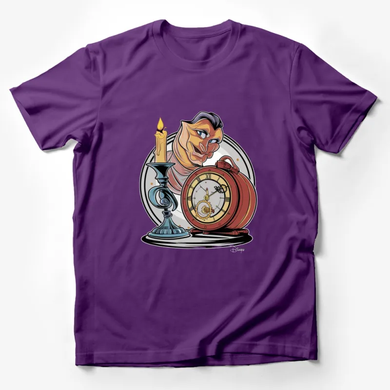 Vintage Clock and Candle Art T-Shirt, Classic Cartoon Character, Unique Graphic Tee, Gift for Cartoon Fans Male T-Shirt