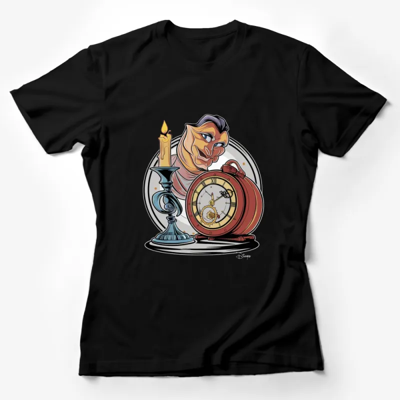 Vintage Clock and Candle Art T-Shirt, Classic Cartoon Character, Unique Graphic Tee, Gift for Cartoon Fans Female T-Shirt