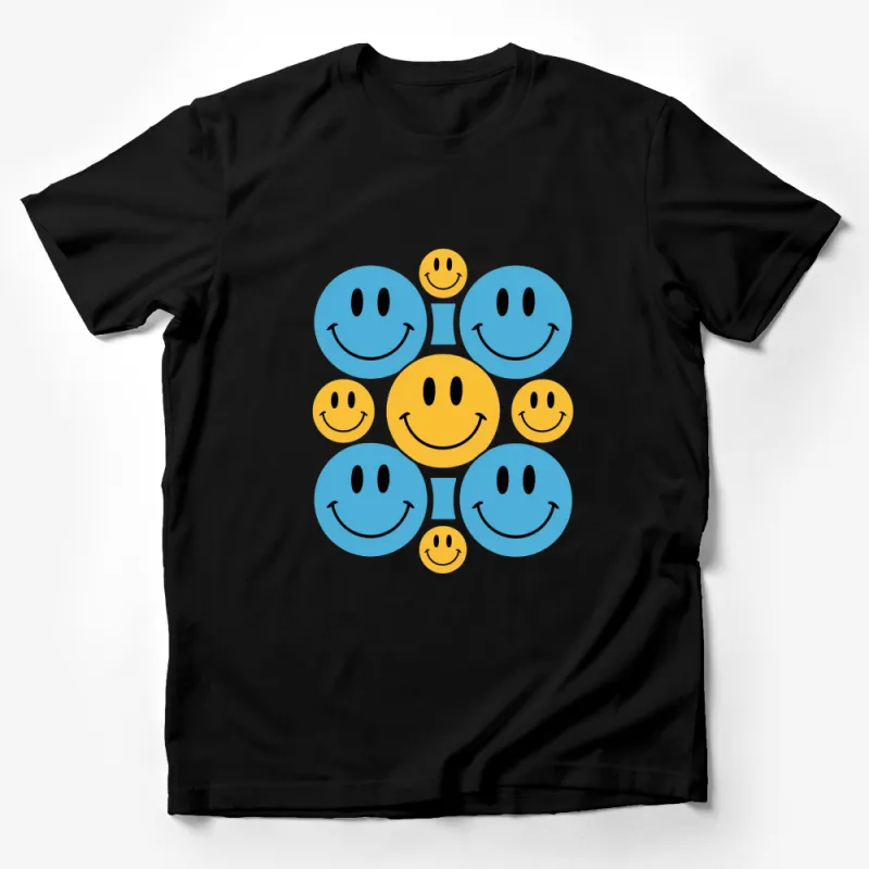 Happy Face T-Shirt, Blue and Yellow Smiley Faces, Casual Graphic Tee for All Ages Male T-Shirt