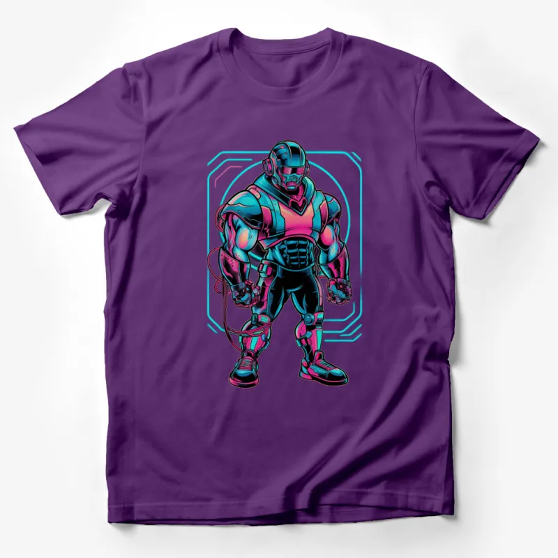 Cybernetic Warrior Graphic T-Shirt, Neon Colors, Retro Sci-Fi Style, Men's Fashion, Unique Illustration, Casual Wear Male T-Shirt