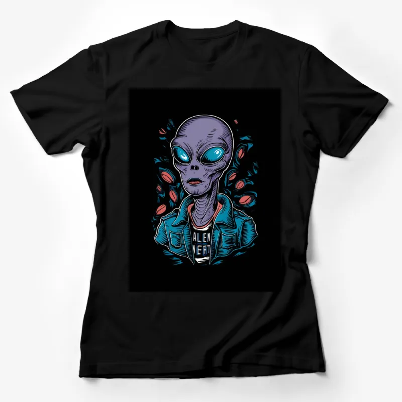 Alien Enthusiast T-Shirt - Unique Extraterrestrial Design with Denim Jacket Graphic Female T-Shirt