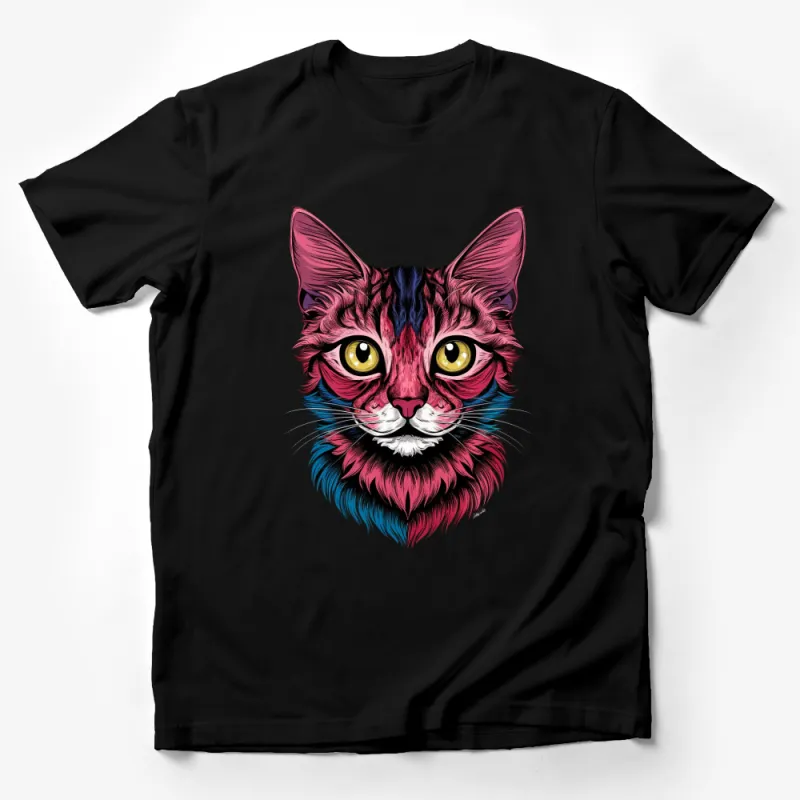 Colorful Cat Face T-Shirt, Vibrant Pink and Blue Cat Graphic Tee, Unique Gift for Cat Lovers Male T-Shirt