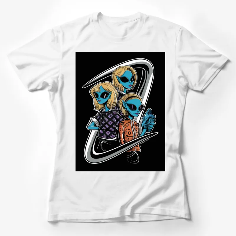 Alien Girls Graphic Tee, Colorful Sci-Fi Alien Characters T-Shirt, Unique Extraterrestrial Design Female T-Shirt