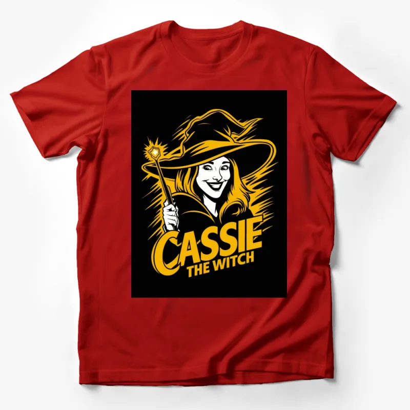 Cassie The Witch Graphic T-Shirt, Halloween Witch Hat and Wand Design, Yellow and Black Male T-Shirt