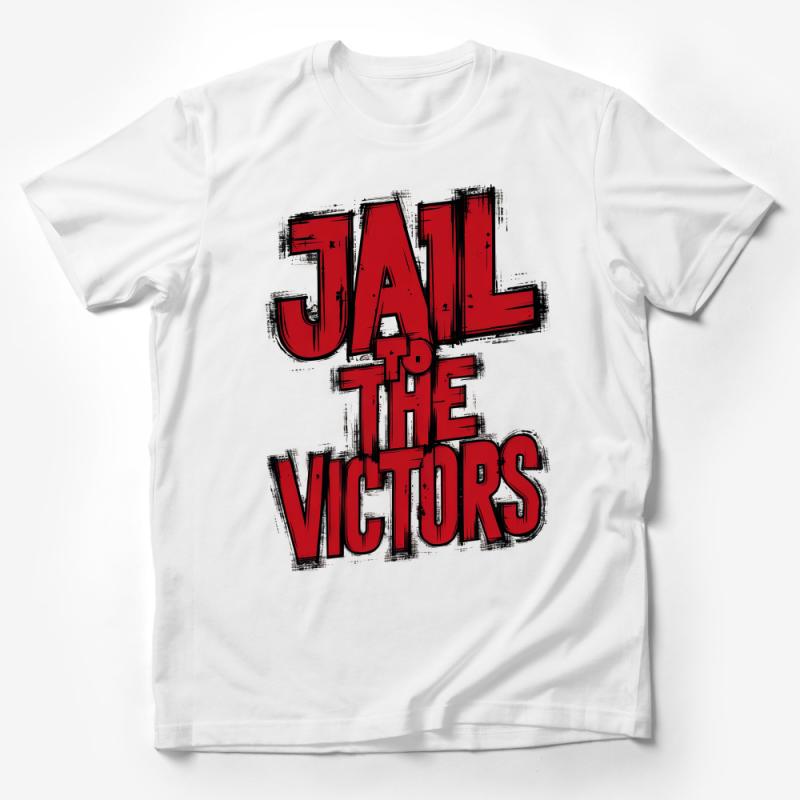 Graphic T-Shirt with Bold Jail to the Victors Slogan, Unisex Red and Black Tee, Statement Casualwear, Urban Style Clothing Male T-Shirt