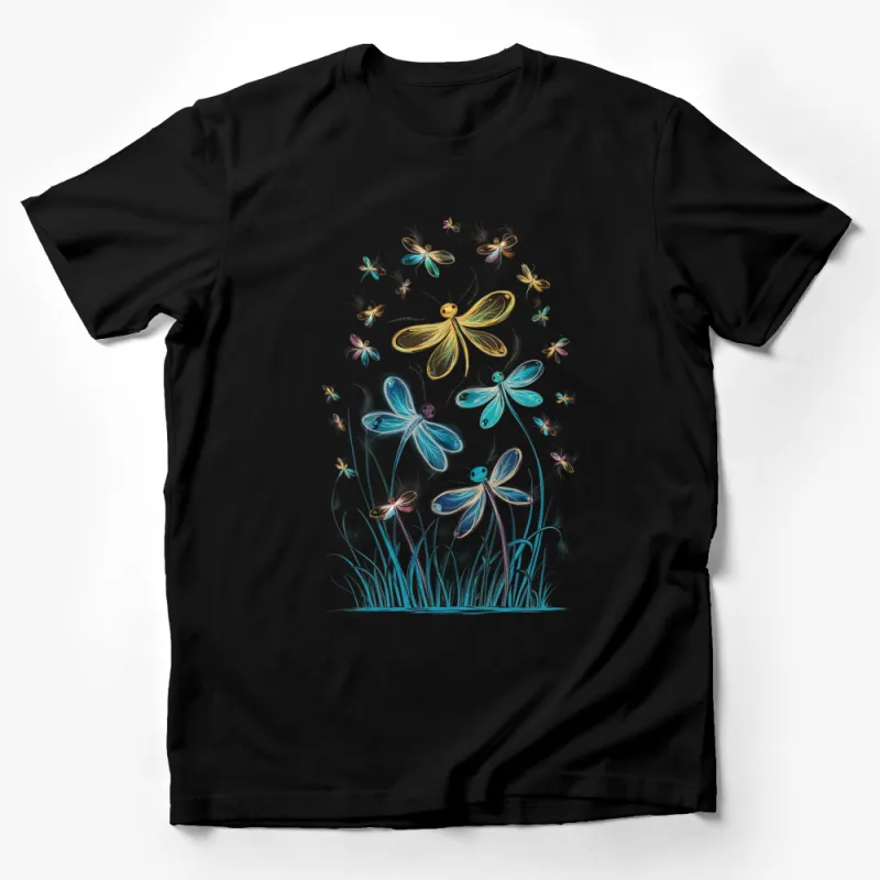 Whimsical Dragonfly and Wildflowers Graphic Tee, Nature-Inspired Artistic T-Shirt Design Male T-Shirt