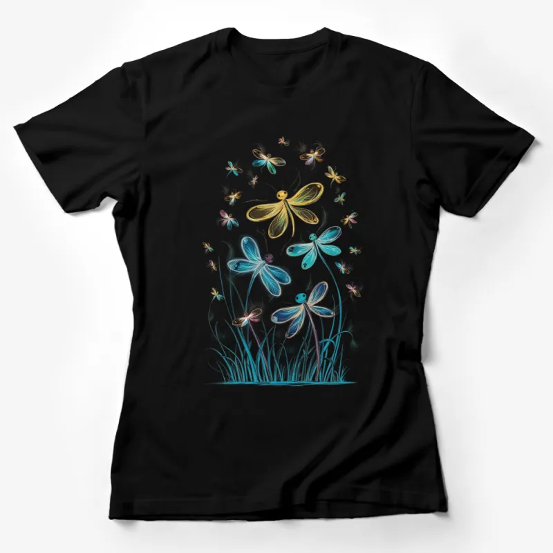 Whimsical Dragonfly and Wildflowers Graphic Tee, Nature-Inspired Artistic T-Shirt Design Female T-Shirt