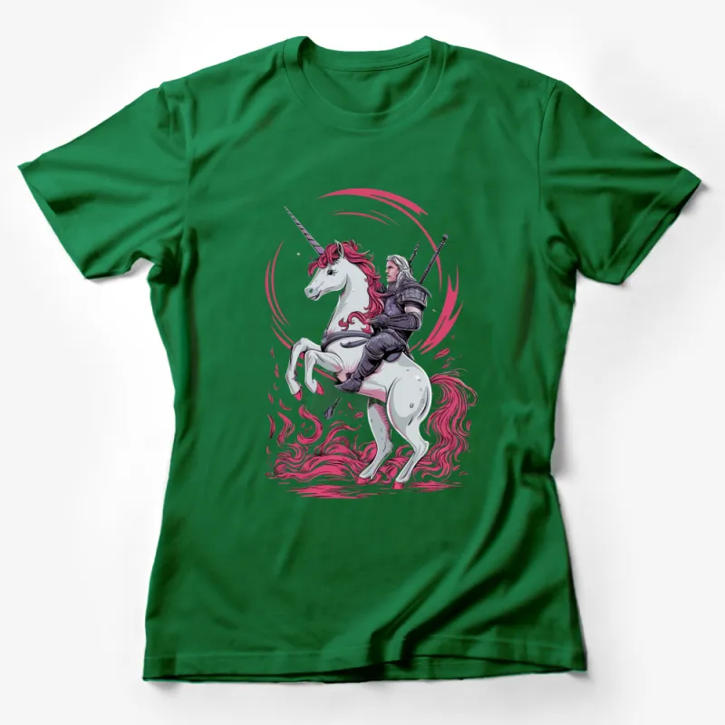 Fantasy Unicorn Warrior T-Shirt, Medieval Knight on Mythical Creature, Unique Graphic Tee, Gift for Fantasy Lovers Female T-Shirt