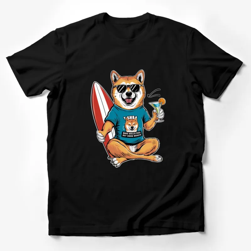 Shiba Inu Surfing T-Shirt, Cute Dog Graphic Tee, Summer Beach Casual Wear Male T-Shirt