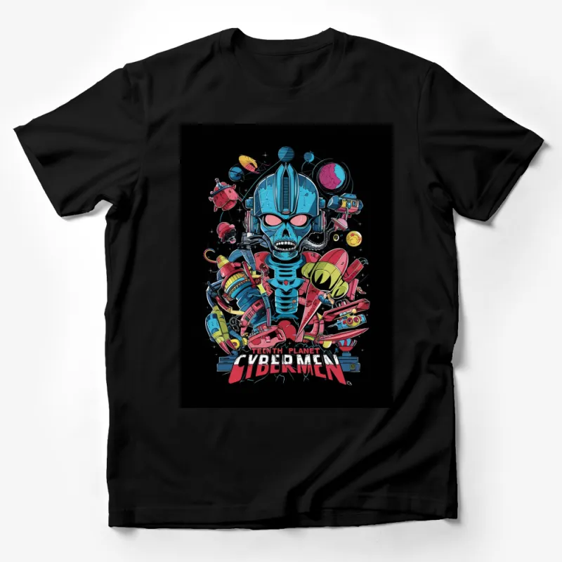 Colorful Cyber Men T-Shirt, Funky Robot Skull Graphic Tee, Unique Teen Planet Design, Gift for Sci-Fi Lovers Male T-Shirt