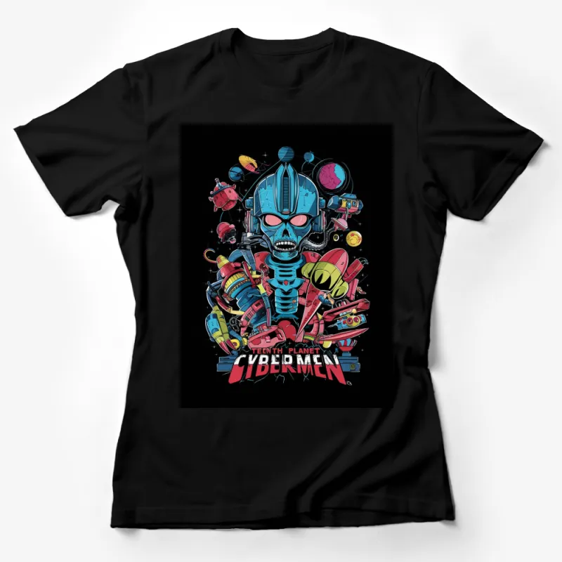 Colorful Cyber Men T-Shirt, Funky Robot Skull Graphic Tee, Unique Teen Planet Design, Gift for Sci-Fi Lovers Female T-Shirt