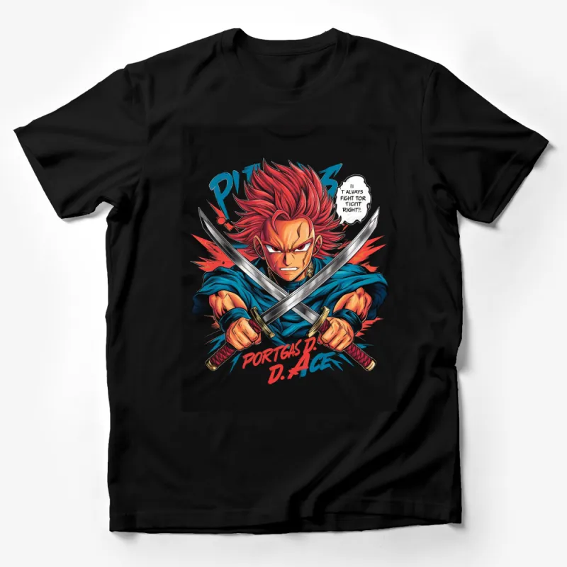 Anime-Inspired Red-Haired Warrior Graphic T-Shirt, Vibrant Print, Manga Fan Apparel Male T-Shirt