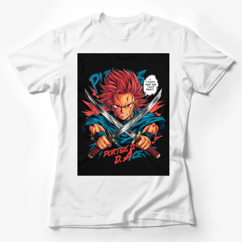 Anime-Inspired Red-Haired Warrior Graphic T-Shirt, Vibrant Print, Manga Fan Apparel Female T-Shirt