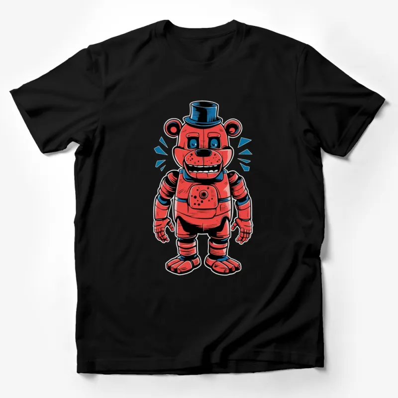 Funky Red Robot Bear T-Shirt, Cool Cartoon Bear with Top Hat, Unique Graphic Tee, Casual Streetwear Male T-Shirt