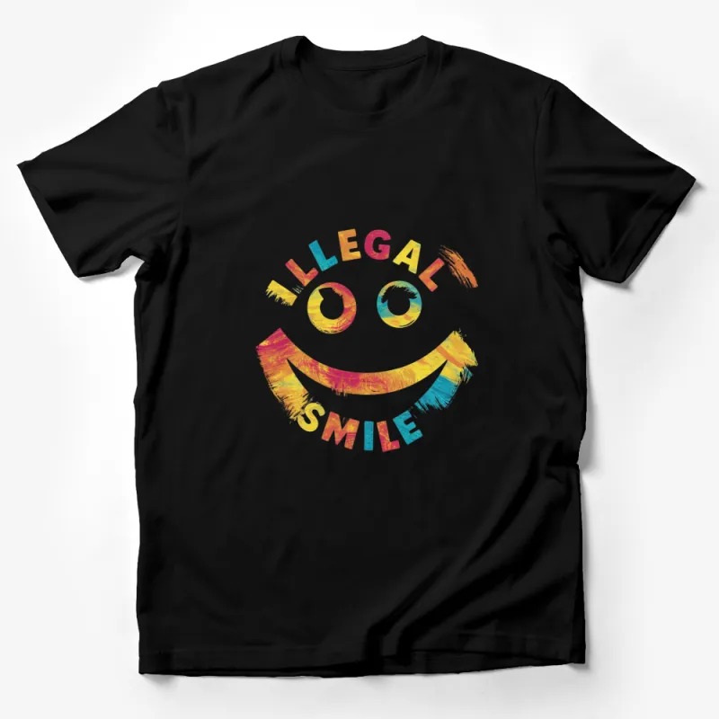 Colorful Illegal Smile Text Design T-Shirt, Vintage Smile Graphic Tee, Unique Statement Shirt Male T-Shirt