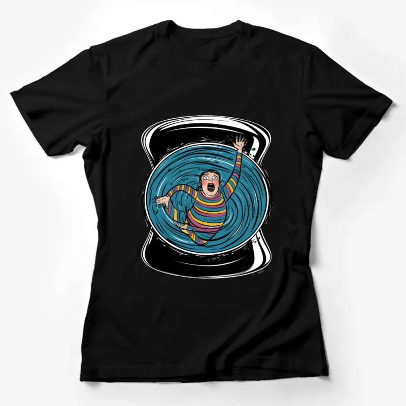 Colorful Striped T-Shirt with Whirlpool Cartoon Illustration, Unique Graphic Tee, Fun and Quirky Apparel Female T-Shirt