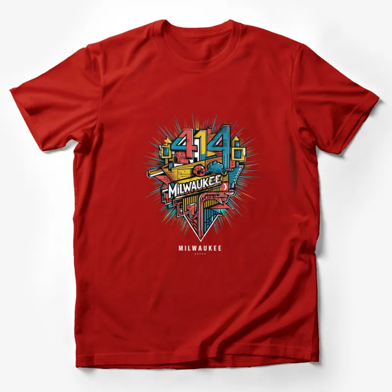 Milwaukee 414 Area Code T-Shirt, Colorful City Skyline Graphic Tee, Urban Style, Retro Design Male T-Shirt