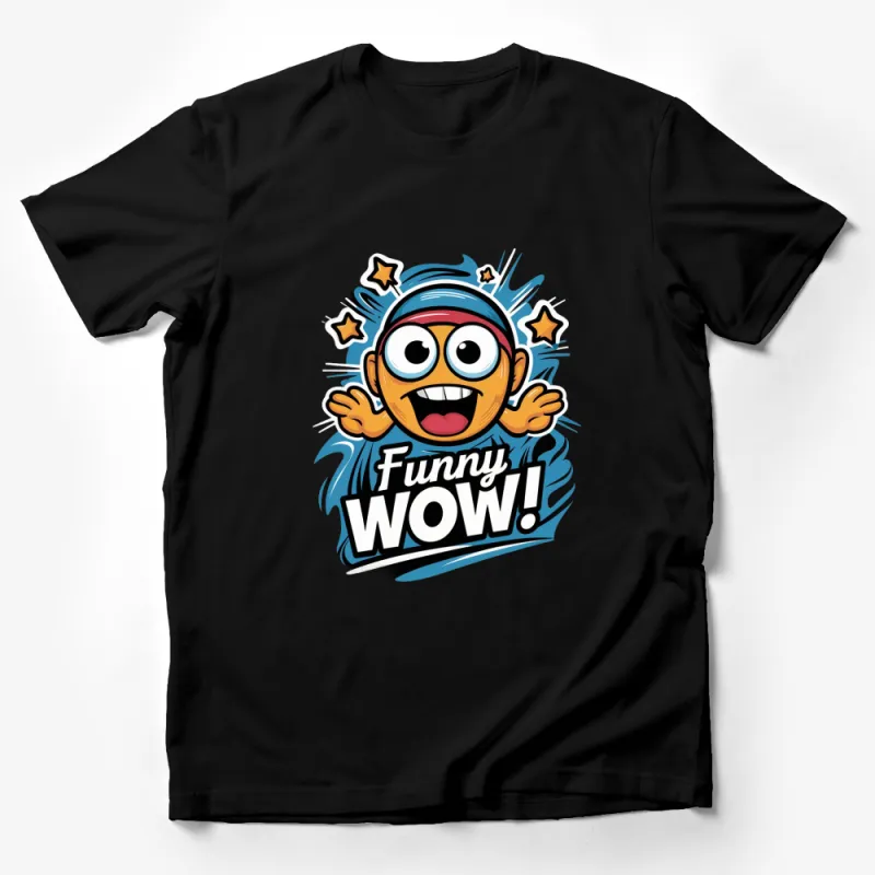 Funny Wow Comic Character T-Shirt, Vibrant Cartoon Graphic Tee, Star Pop Art Design, Unisex Adult Clothing Male T-Shirt