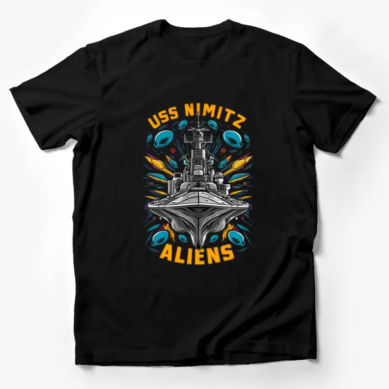 USS Nimitz Alien Design T-Shirt, Colorful Spaceship and Aliens Graphic Tee, Unisex Adult Clothing Male T-Shirt