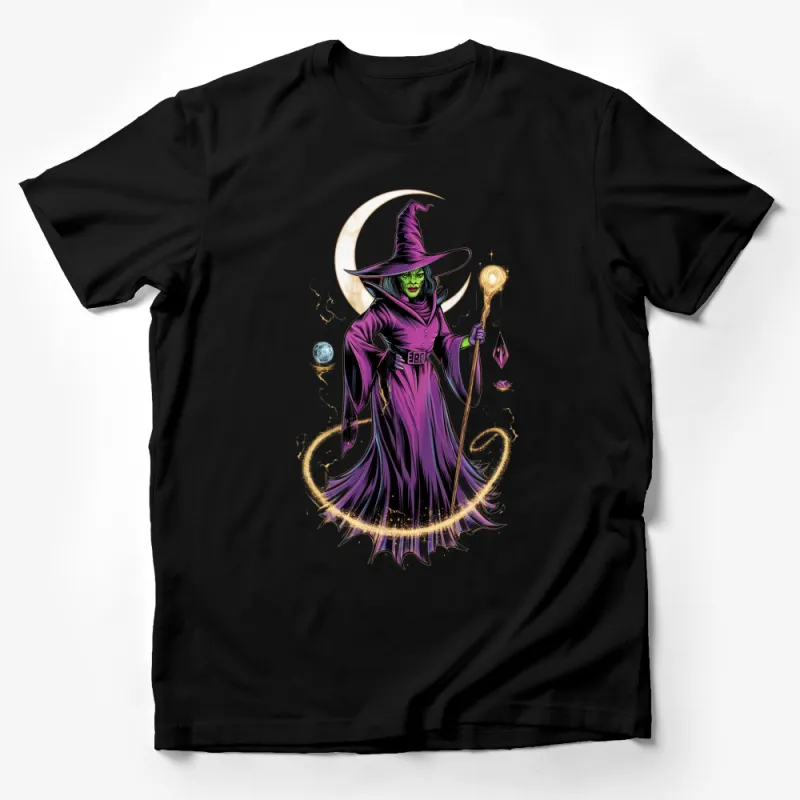 Mystical Witch with Crystal Ball and Staff Graphic T-Shirt, Moonlit Sorceress Design, Fantasy Art Apparel Male T-Shirt