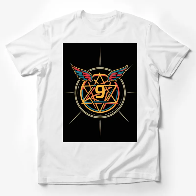 Mystical Number 9 Winged Emblem Graphic T-Shirt, Occult Inspired Golden Design, Stylish Unisex Tee Male T-Shirt