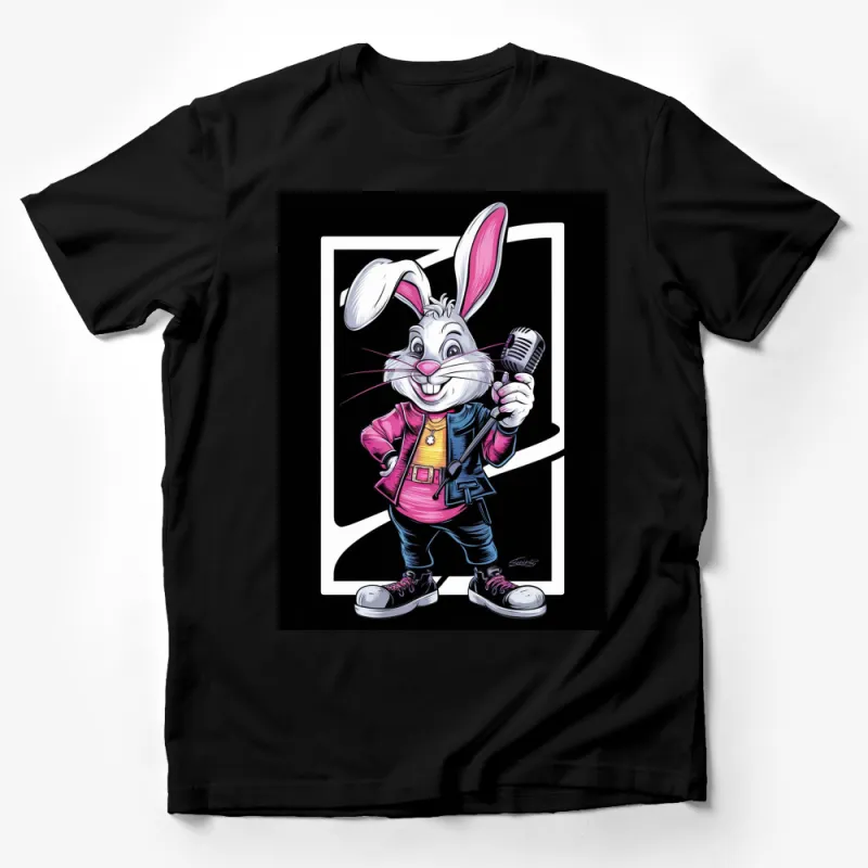 Cartoon Rabbit Rock Star T-Shirt, Pink Jacket Bunny Graphic Tee, Music Lover Gift, Cool Animal Shirt for All Ages Male T-Shirt