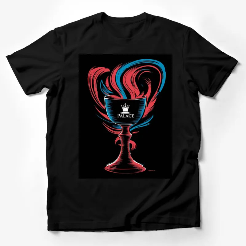 Palace Trophy Graphic T-Shirt, Retro Art Tee, Vintage Style Cup Design, Red and Blue Colors Male T-Shirt