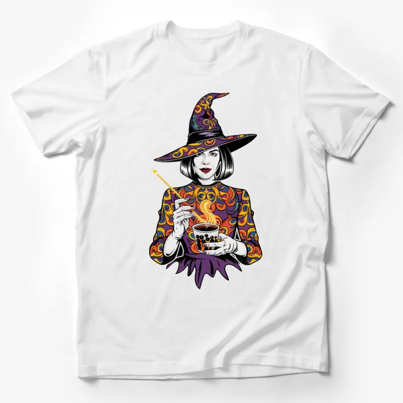 Witchy Coffee Lover T-Shirt, Halloween Witch Graphic Tee, Stylish Sorceress Coffee Sipper Design Male T-Shirt