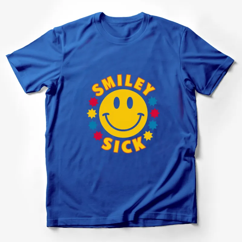 Colorful Smiley Sick Graphic T-Shirt, Yellow Smile Face with Stars, Unisex Casual Wear Male T-Shirt