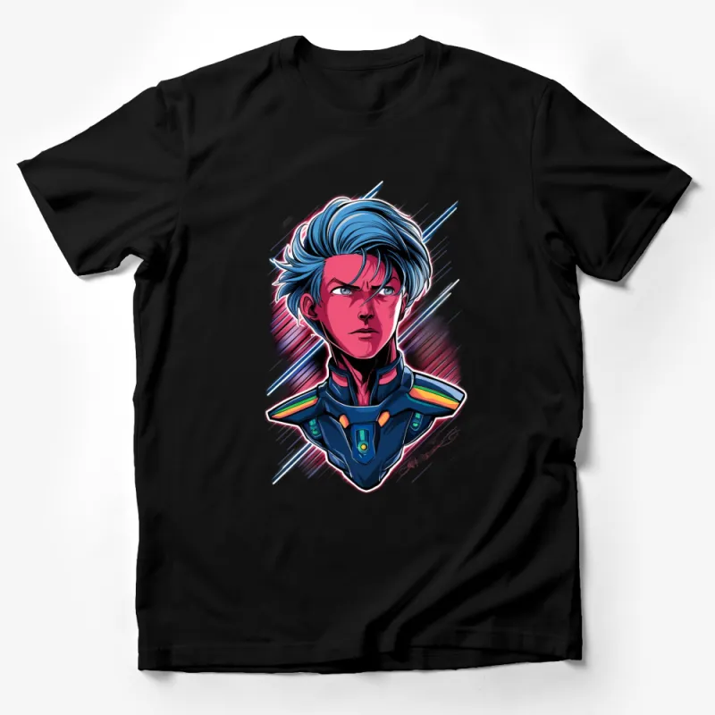 Anime Inspired Blue Haired Warrior T-Shirt, Colorful Graphic Tee, Unisex Manga Style Shirt Male T-Shirt