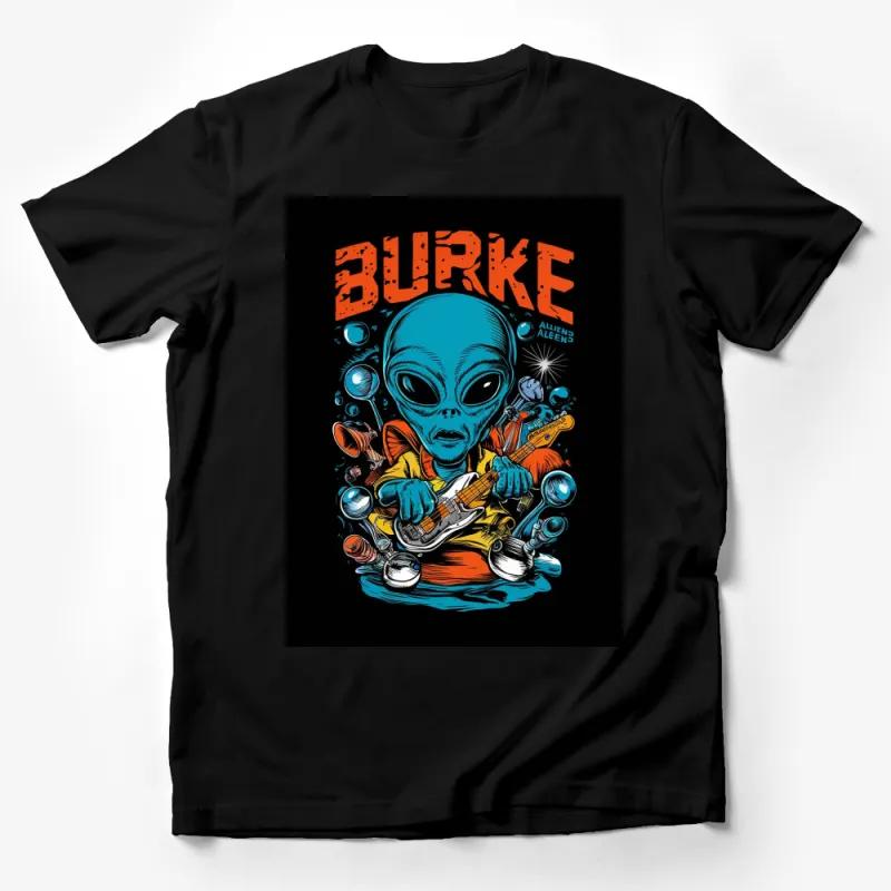 Alien Playing Guitar T-Shirt, Burke Retro Comic Art, Funky UFO Music Lover Tee, Bold Colors Male T-Shirt