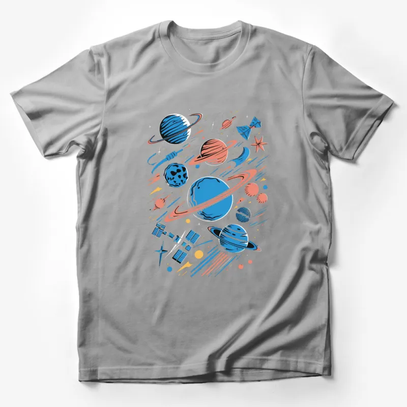 Colorful Space Adventure T-Shirt, Planets and Stars Graphic Tee, Vibrant Universe Design for All Ages Male T-Shirt