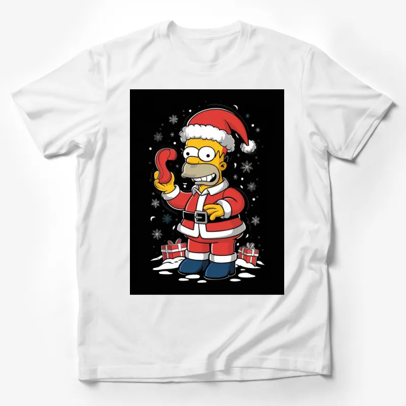 Christmas Santa Homer T-Shirt, Funny Holiday Tee, Festive Cartoon Character Shirt, Snowy Scene Top, Gift Idea Male T-Shirt