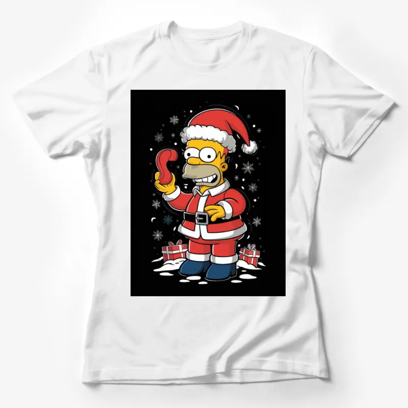 Christmas Santa Homer T-Shirt, Funny Holiday Tee, Festive Cartoon Character Shirt, Snowy Scene Top, Gift Idea Female T-Shirt