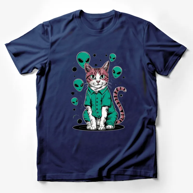 Alien Cat T-Shirt, Cute Space Kitty with UFOs, Unisex Graphic Tee, Galactic Feline Lover Gift Male T-Shirt