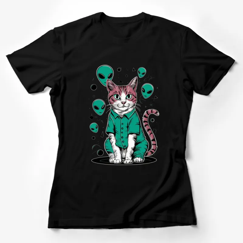 Alien Cat T-Shirt, Cute Space Kitty with UFOs, Unisex Graphic Tee, Galactic Feline Lover Gift Female T-Shirt