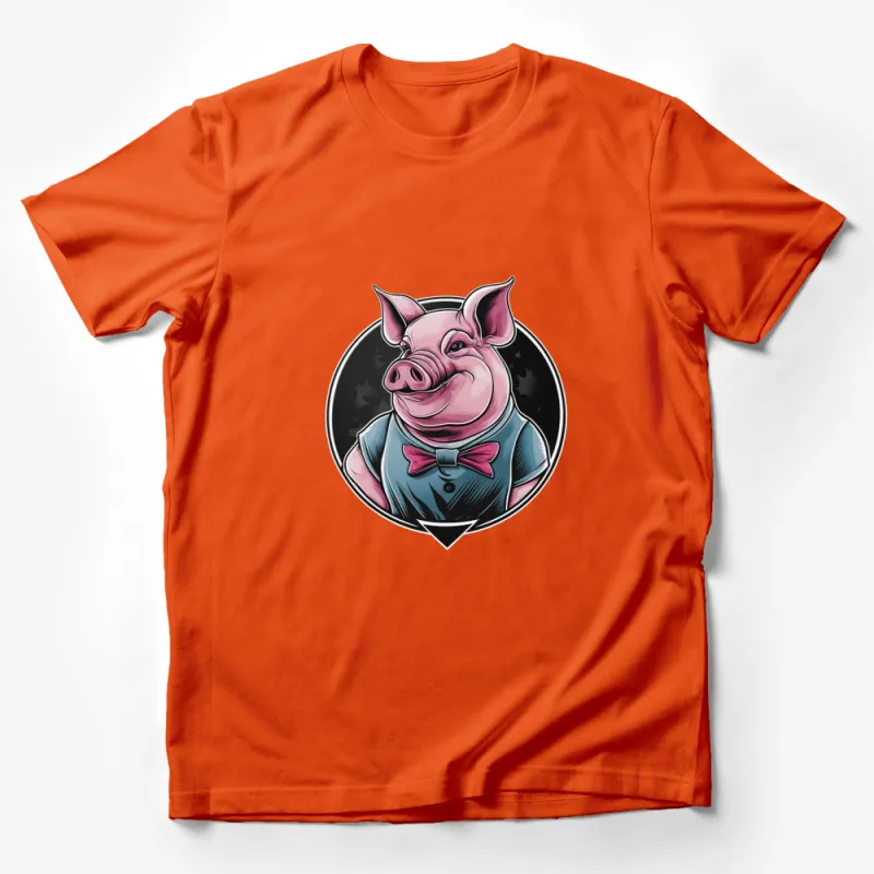 Stylish Pig Cartoon in Blue Vest and Bow Tie, Unique Animal Graphic T-Shirt Male T-Shirt