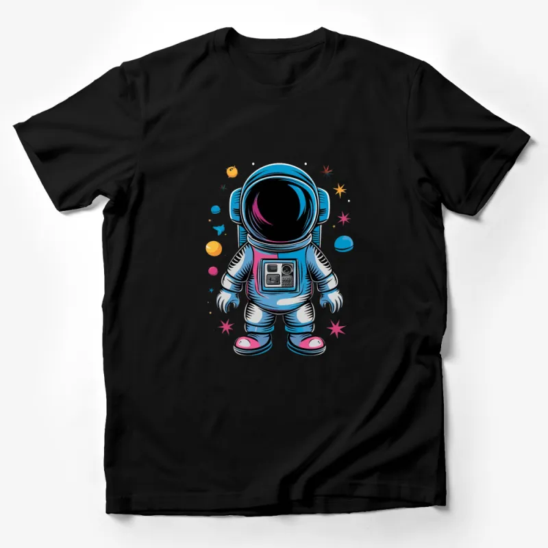 Retro Astronaut Space Man Cartoon T-Shirt, Colorful Planets and Stars, Unisex Tee Male T-Shirt