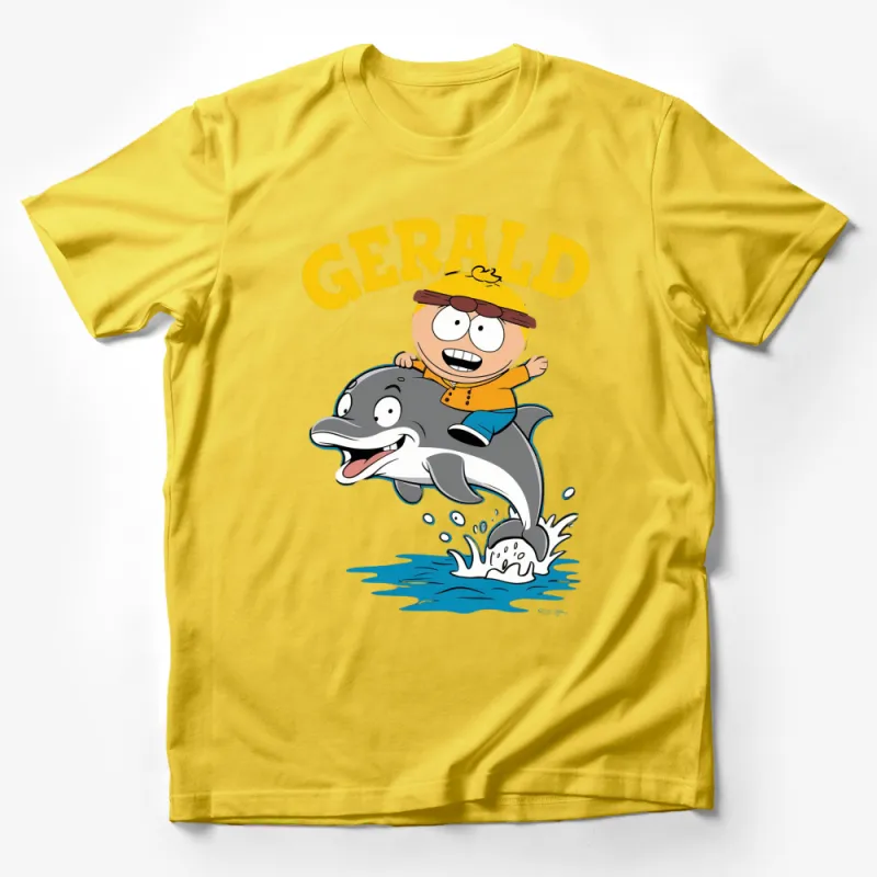 Gerald Riding Dolphin T-Shirt, Cute Animated Character Shirt, Boys and Girls Cartoon Top, Fun Summer Outfit Male T-Shirt