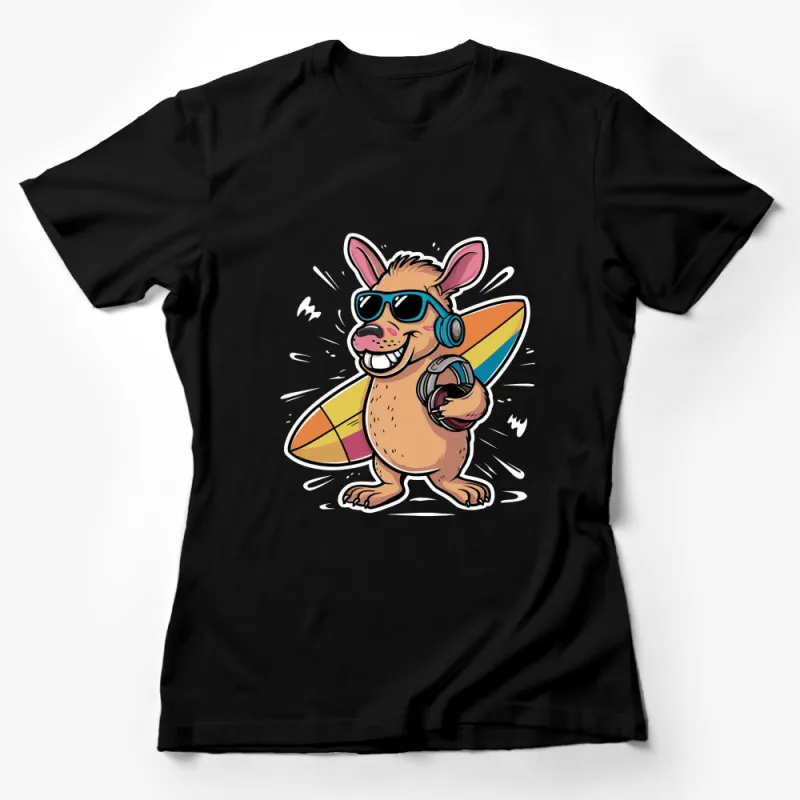 Surfing Kangaroo Graphic T-Shirt, Cool Beach Vibes Tee, Summer Surfer Animal Design, Unisex Female T-Shirt