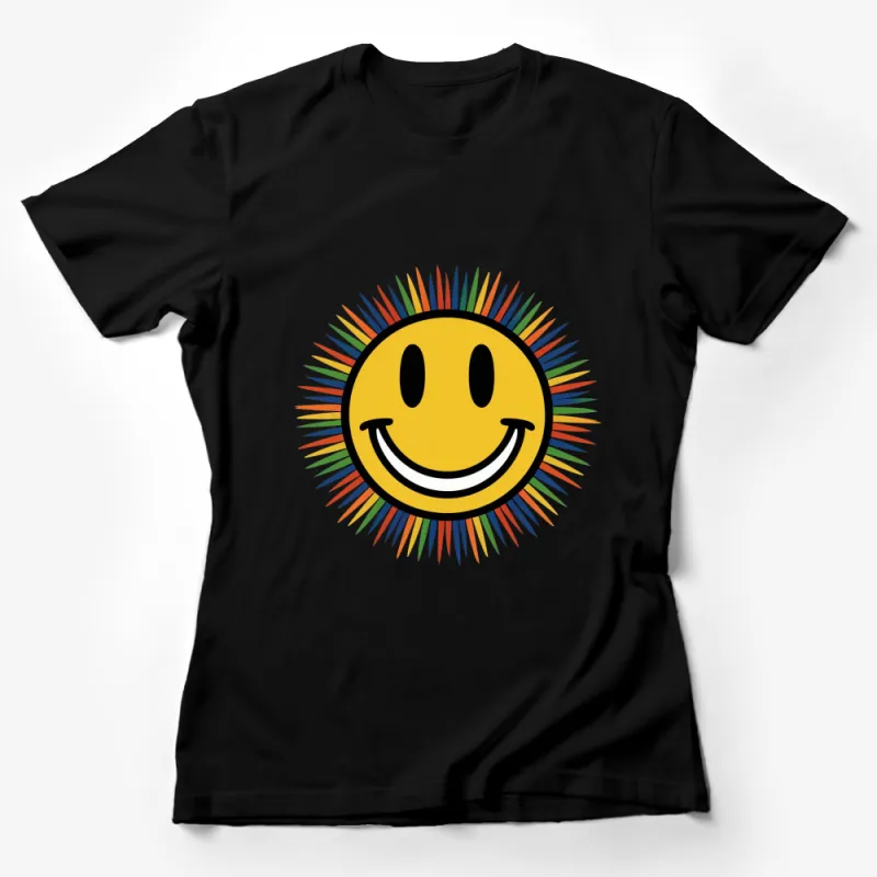 Colorful Smiley Face T-Shirt, Happy Face with Radiant Lines, Unisex Graphic Tee, Fun Summer Top Female T-Shirt