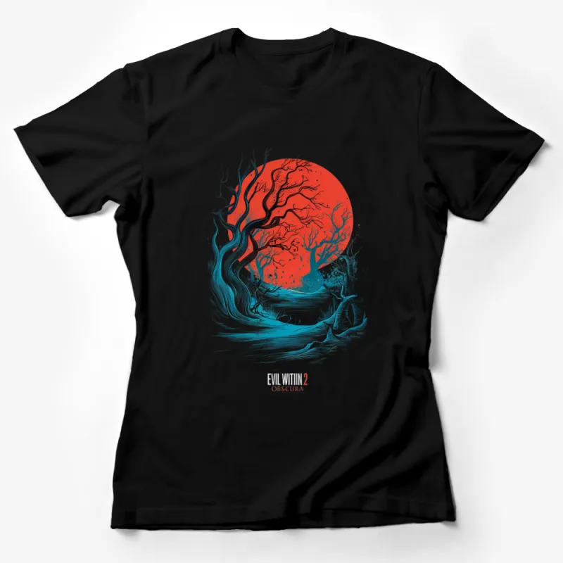 Abstract Red Moon and Tree Art T-Shirt, Unique Graphic Tee, Artistic Nature Design Casual Wear Female T-Shirt